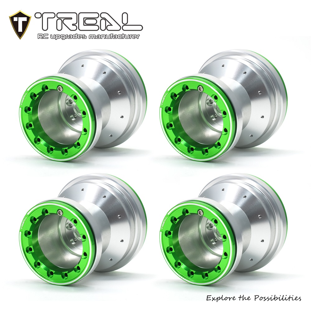 TREAL X00445OZC7 Aluminum 7075 Beadlock Wheels Set of 4 for 1/18 Mini LMT (Silver-Green)